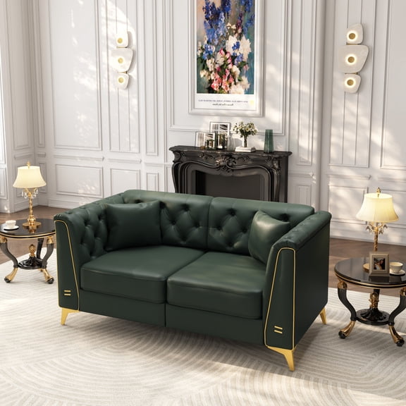 EHANCIS 61.8" Modular Chesterfield Loveseat, Tufted 2-Seater Sofa with Gold Legs for Home Office & Reception, Green