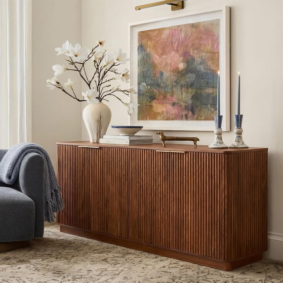 EHANCIS 63" Fluted Sideboard Buffet Cabinet, Modern Storage Cabinet with 4 Doors and Adjustable Shelves for Dining Room, Kitchen, Living Room (Walnut)