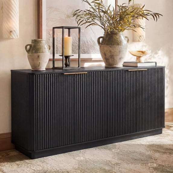 EHANCIS 63" Fluted Sideboard Buffet Cabinet, Modern Storage Cabinet with 4 Doors and Adjustable Shelves for Dining Room, Kitchen, Living Room (Black)