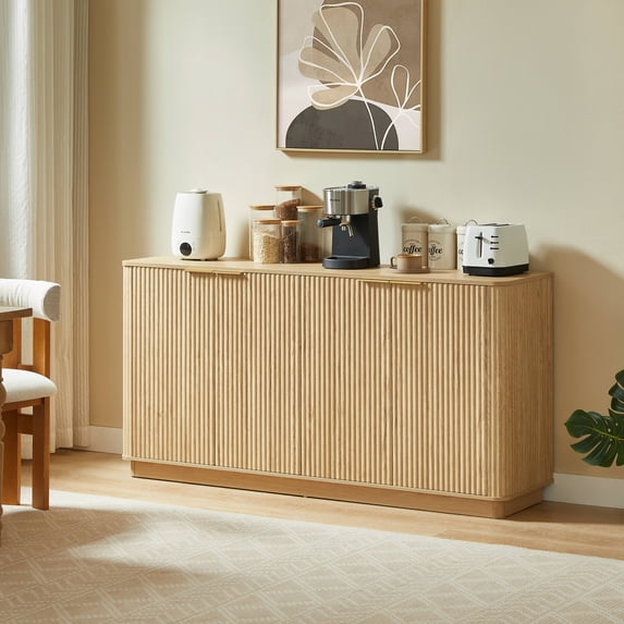 EHANCIS 63" Fluted Sideboard Buffet Cabinet, Modern Storage Cabinet with 4 Doors and Adjustable Shelves for Dining Room, Kitchen, Living Room (Oak)
