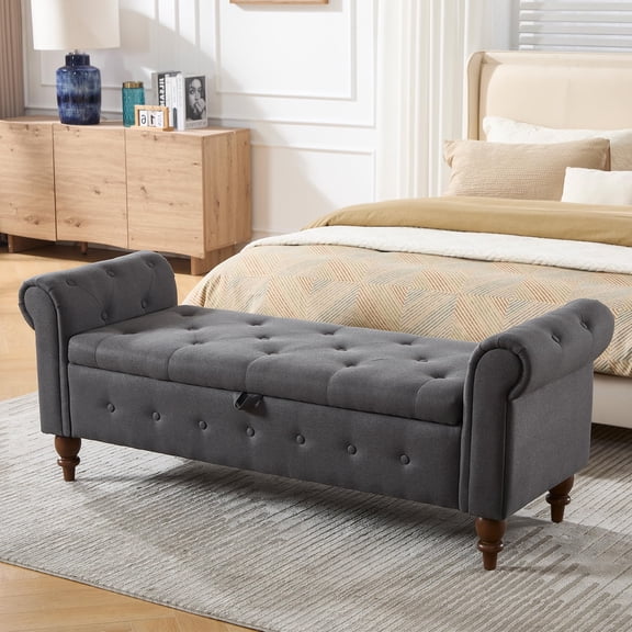 EHANCIS 63" Large Ottoman with Storage Bench, Morden Stylish end of The Bed Benches with Rolled Arm,Linen Ottomans with Solid Wood Legs,Comfy Benches for Bedroom,Living Room, Entryway(Gray)