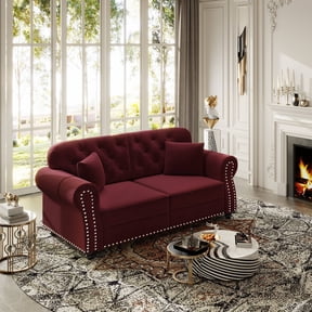 EHANCIS 63" Velvet Chesterfield Sofa, Rolled Arms, Nailhead Trim, Button Tufted 2-Seater Couch, High Resilience Cushions and Pillows,Burgundy