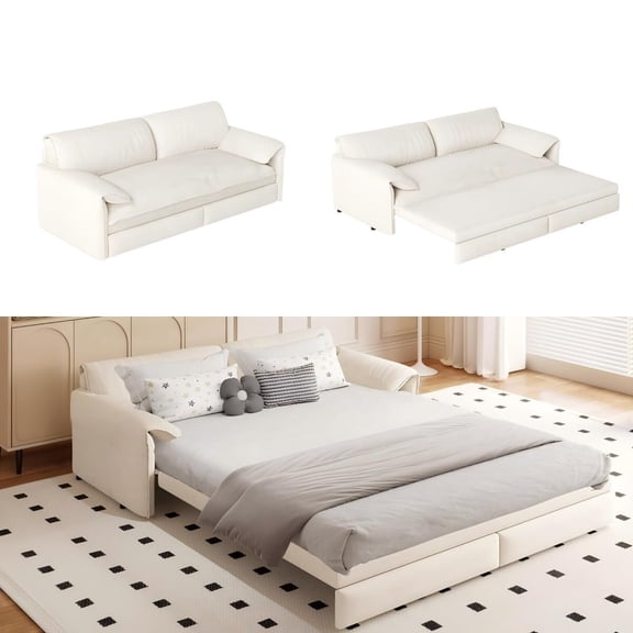 EHANCIS 66" Queen Pull Out Sofa Bed,3-in-1 Velvet Loveseat Sleeper with Thick Cushions & Side Storage,Convertible Couch for Living Room Apartment Small Spaces,White