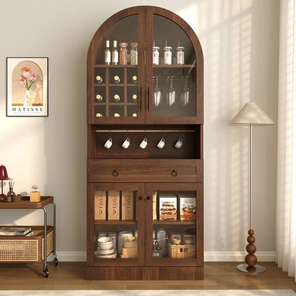 EHANCIS 70" Tall Arched Glass Door Bar Cabinet, Wine Rack Storage with Drawer & Stemware Holders, Coffee Buffet Sideboard for Kitchen Dining Living Room, Walnut