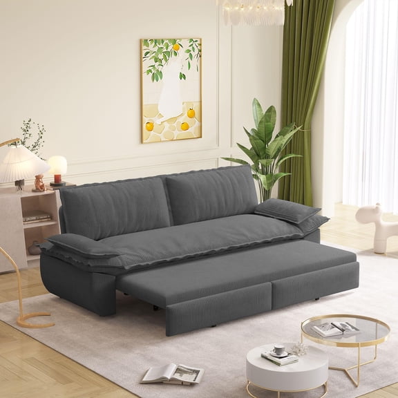 EHANCIS 73.2" Futon Queen Size Sofa Bed, 3-in-1 Convertible Pull Out Sleeper Sofas with Cushion Armrest Pillows, Velvet Loveseat Couch for Living Room, Bedroom, Apartment, Lounge, Gray