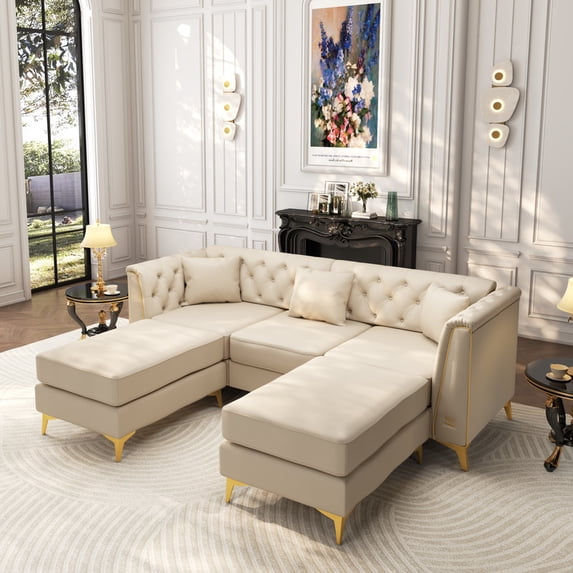 EHANCIS 81.5" Modular Chesterfield Leather Sofa with 2 Ottomans, Tufted U-Shape & L-Shape Sectional Couch with Gold Trim for Living Room, Beige