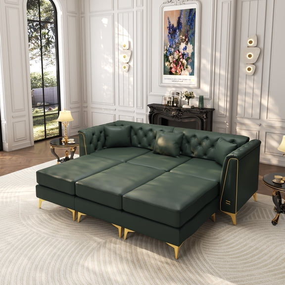 EHANCIS 81.5" Modular Chesterfield Leather Sofa with 3 Ottomans, Tufted Convertible Bed & Mega Lounger for Large Family Living Room, Green