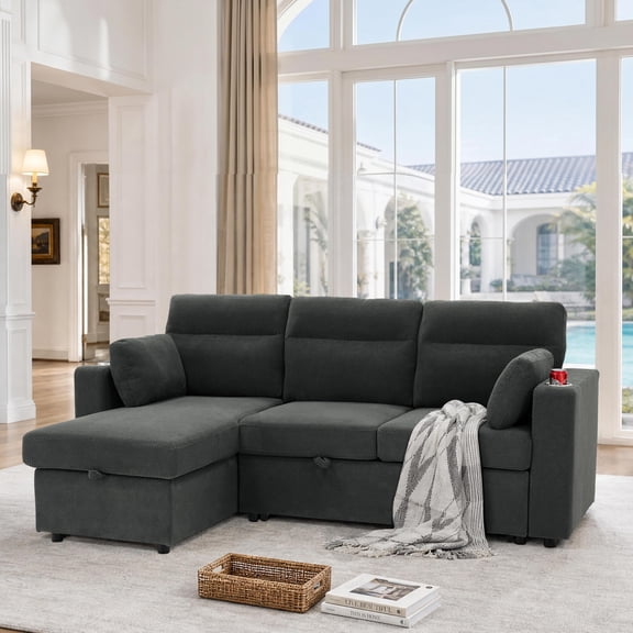 EHANCIS 82.5" L-Shaped Sectional Sofa,Pull-Out Bed & Storage Chaise, Linen-Look Fabric, Cup Holders & Pillows, Space-Saving Sleeper Couch for Living Room,Dark Gray