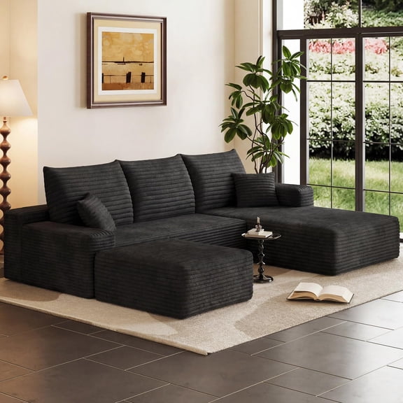EHANCIS 95" Modular Cloud Sectional Sofa, U-Shaped Corduroy Couch with Ottoman & Deep Comfort Seat, Memory Foam, No Assembly Required, Black