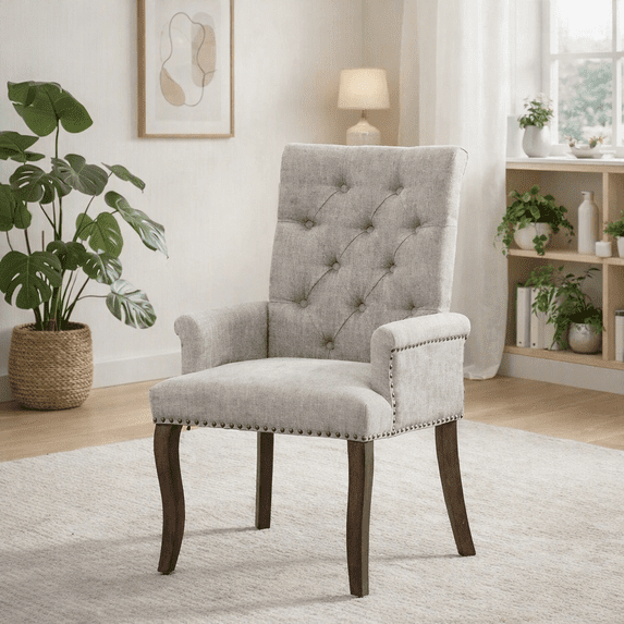 EHANCIS Diamond Tufted Chenille Upholstered Arm Dining Chairs with Nailhead Trim & Solid Wood Legs, Modern Farmhouse Single Accent Chair for Dining,Kitchen and Living Room,Beige