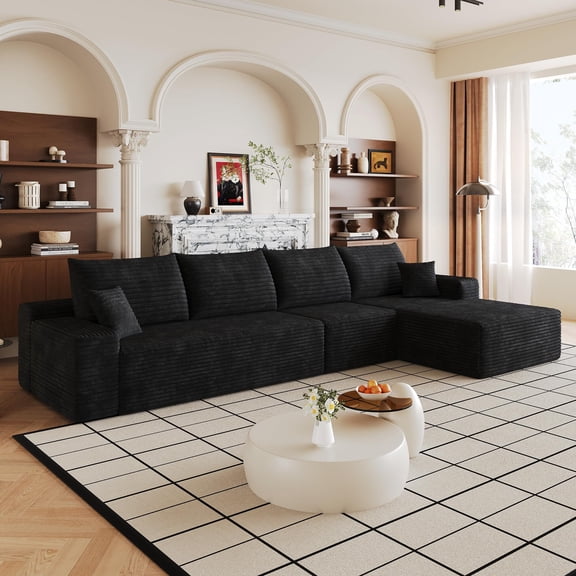 EHANCIS L-Shaped Cloud Sectional Sofa, Modern Modular Couch with Deep Seat & Plush Corduroy, No Assembly Required,Black
