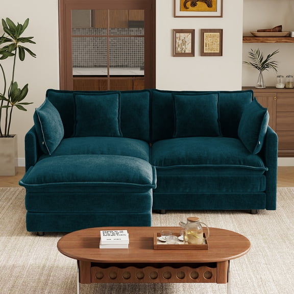 EHANCIS Loveseat Sofa with Ottoman, L Shaped Modular Sectional Couch, 4 Pillows, Large Size Deep Seat Loveseat, Premium Navy Blue Chenille Sofa, 2 Seat Couch for Living Room & Apartment