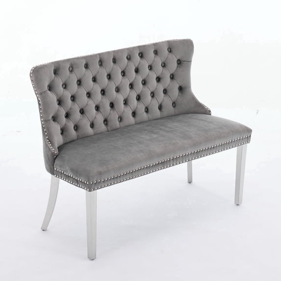 EHANCIS Luxury Velvet Wingback 2-Seat Dining Bench, Diamond Button Tufted Upholstery, Silver Stainless Steel Legs, Modern Decorative Seating for Dining Room, Kitchen and Entryway,Gray