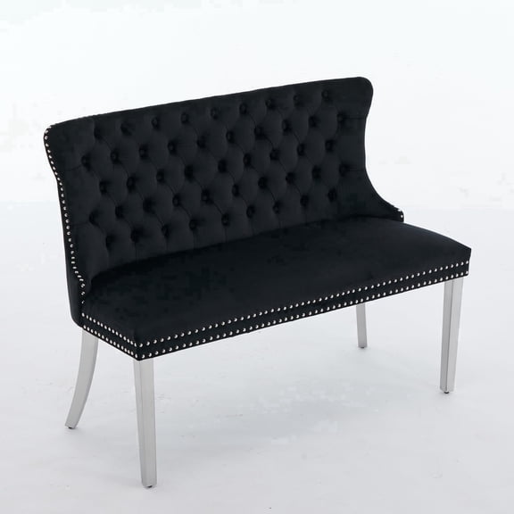 EHANCIS Luxury Velvet Wingback 2-Seat Dining Bench, Diamond Button Tufted Upholstery, Silver Stainless Steel Legs, Modern Decorative Seating for Dining Room, Kitchen and Entryway,Black