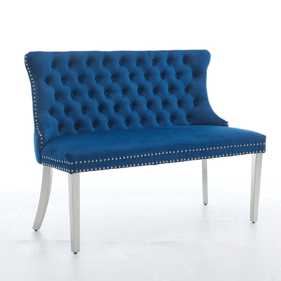 EHANCIS Luxury Velvet Wingback 2-Seat Dining Bench, Diamond Button Tufted Upholstery, Silver Stainless Steel Legs, Modern Decorative Seating for Dining Room, Kitchen and Entryway,Blue