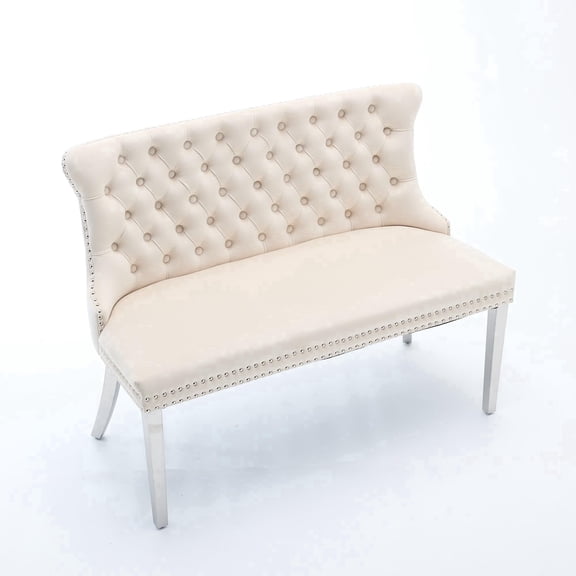 EHANCIS Luxury Velvet Wingback 2-Seat Dining Bench, Diamond Button Tufted Upholstery, Silver Stainless Steel Legs, Modern Decorative Seating for Dining Room, Kitchen and Entryway,Beige