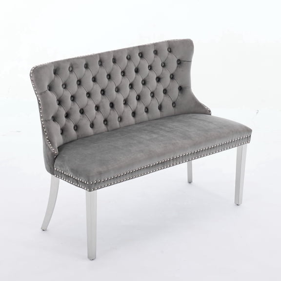 EHANCIS Luxury Velvet Wingback 2-Seat Dining Bench, Diamond Button Tufted Upholstery, Silver Stainless Steel Legs, Modern Decorative Seating for Dining Room, Kitchen and Entryway,Gray