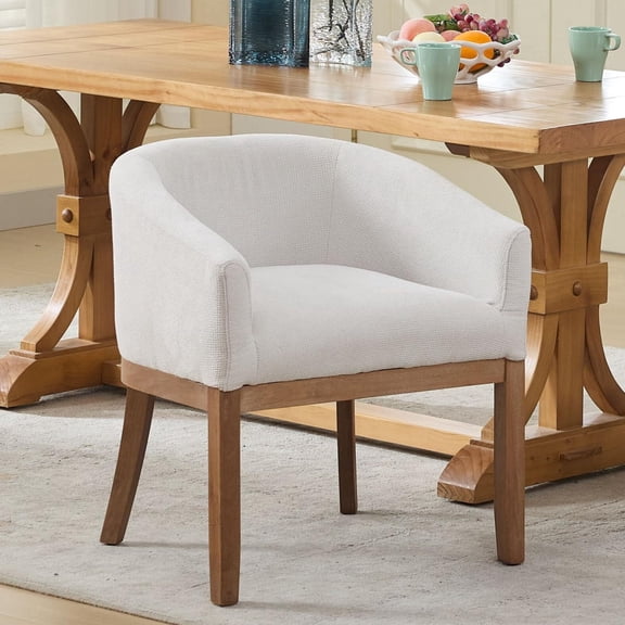 EHANCIS Mid Century Modern Barrel Dining Chairs, Chenille Upholstered with Natural Hardwood Frame, Farmhouse Linen Fabric Accent Chair for Dining Room,Kitchen,Office,Beige