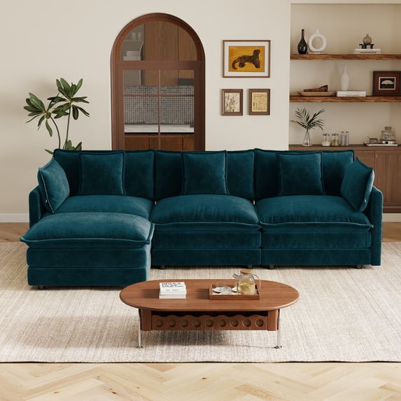 EHANCIS Modular 3 Seater Sofa with Ottoman, L Shaped Sectional Couch, 5 Pillows, Large Size Deep Seat Couch, Premium Navy Blue Chenille Sofa, Comfy Couch for Living Room & Apartment