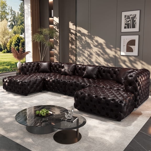 EHANCIS Modular Chesterfield Sofa 4 Seater 2 Ottomans U-Shaped Sectional Mid Century Modern Couch Butacas Para Sala Modernas Top Grain Leather Sofa Style Juego De Salas Muebles Para Sala Brown 134