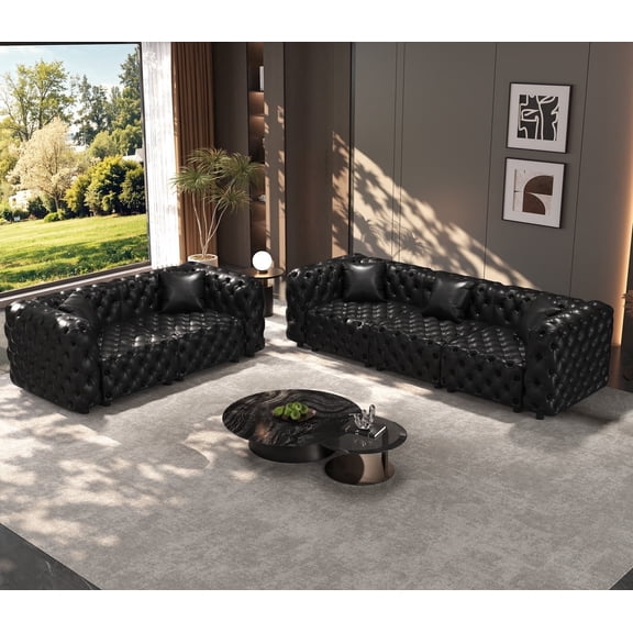 EHANCIS Modular Chesterfield Sofa Faux Leather 2 Piece Set Sofa And Loveseat Mid Century Modern Couch Butacas Para Sala Modernas Top Grain Leather Sofa Style Juego De Salas Muebles Para Sala Black
