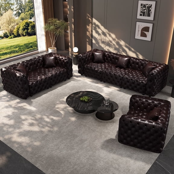EHANCIS Modular Chesterfield Sofa Faux Leather 3-Piece Living Room Set Mid Century Modern Couch Butacas Para Sala Modernas Top Grain Leather Sofa Style Juego De Salas Brown 105.7 In