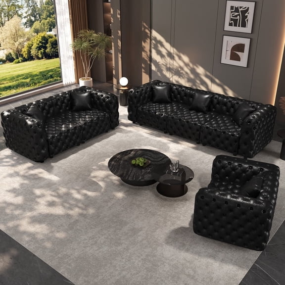 EHANCIS Modular Chesterfield Sofa Faux Leather 3-Piece Living Room Set Mid Century Modern Couch Butacas Para Sala Modernas Top Grain Leather Sofa Style Juego De Salas Muebles Para Sala Black 106 Inch