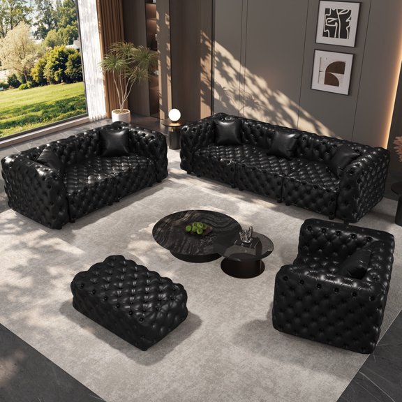 EHANCIS Modular Chesterfield Sofa Faux Leather 3-Piece Living Room Set Mid Century Modern Couch Butacas Para Sala Modernas Top Grain Leather Sofa Style Juego De Salas Muebles Para Sala Black 106 Inch