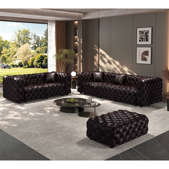 EHANCIS Modular Chesterfield Sofa Faux Leather 3 Piece Set With Ottoman Mid Century Modern Couch Butacas Para Sala Modernas Top Grain Leather Sofa Style Juego De Salas Muebles Para Sala Brown 106 In