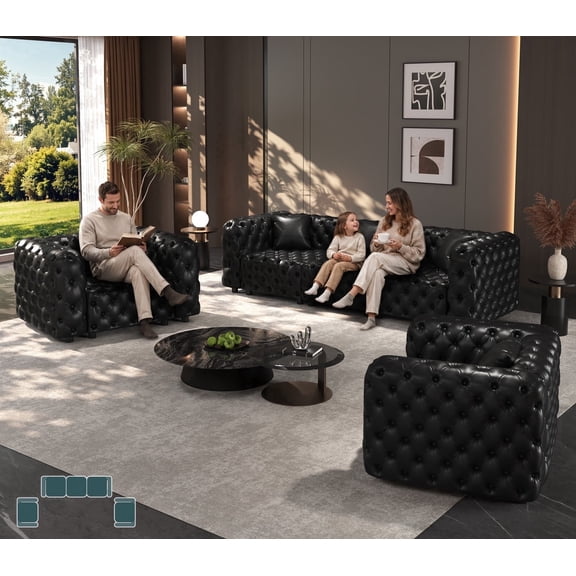 EHANCIS Modular Chesterfield Sofa Faux Leather 3 Piece Set Sofa 2 Chairs Mid Century Modern Couch Butacas Para Sala Modernas Top Grain Leather Sofa Style Juego De Salas Muebles Para Sala Black 105 In