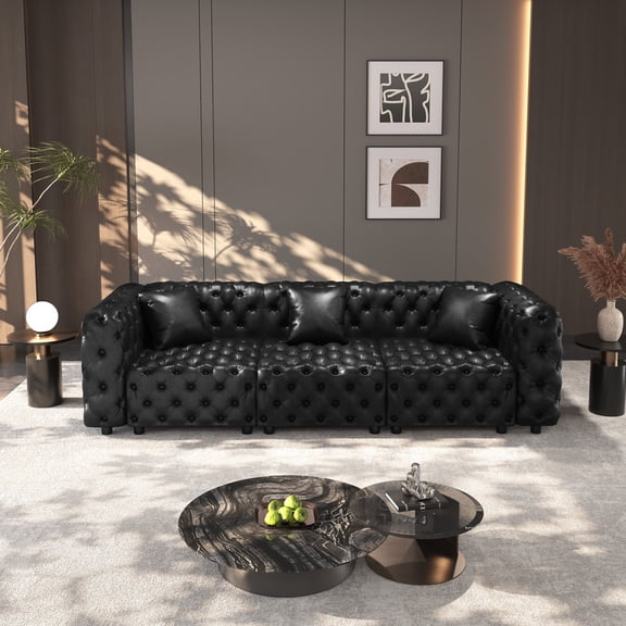 EHANCIS Modular Chesterfield Sofa Faux Leather 3 Seater Mid Century Modern Couch Tufted Deep Seat Butacas Para Sala Modernas Top Grain Leather Sofa Style Juego De Salas Muebles Para Sala Black 105 In