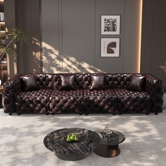 EHANCIS Modular Chesterfield Sofa Faux Leather 4 Seater Mid Century Modern Couch Tufted Butacas Para Sala Modernas Top Grain Leather Sofa Style Juego De Salas Muebles Para Sala Black 134.4 Inches