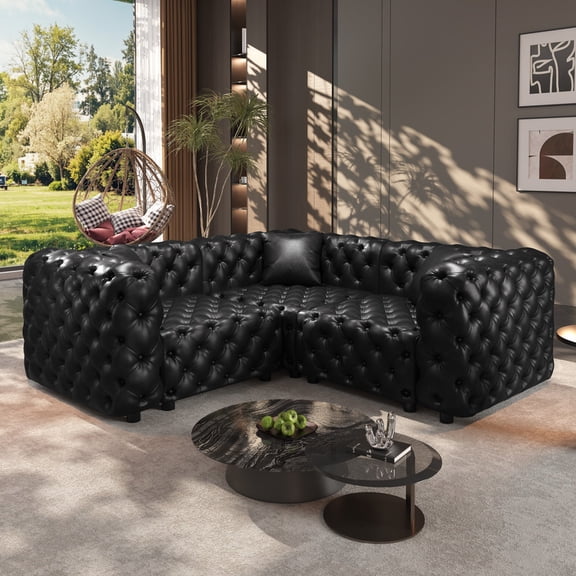 EHANCIS Modular Chesterfield Sofa Faux Leather L Shaped Sectional Mid Century Modern Couch Tufted Butacas Para Sala Modernas Top Grain Leather Sofa Style Juego De Salas Muebles Para Sala Black 75 In