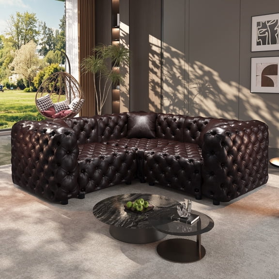 EHANCIS Modular Chesterfield Sofa Faux Leather L Shaped Sectional Mid Century Modern Couch Tufted Butacas Para Sala Modernas Top Grain Leather Sofa Style Juego De Salas Muebles Para Sala Brown 75 In