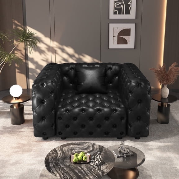 EHANCIS Modular Chesterfield Sofa Faux Leather Single Chair Mid Century Modern Couch Tufted Accent Seating Butacas Para Sala Modernas Top Grain Leather Sofa Style Muebles Para Sala Black 36.6 Inch