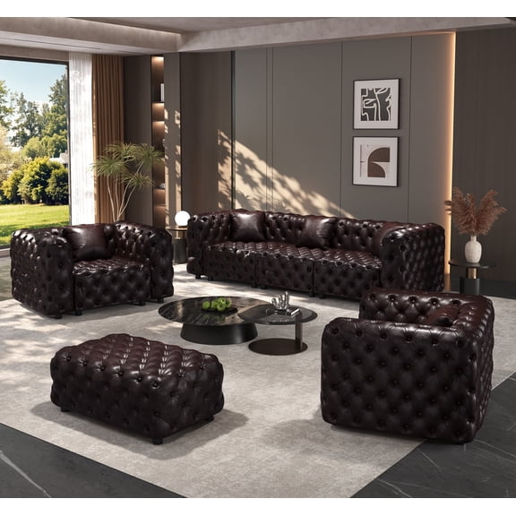 EHANCIS Modular Chesterfield Sofa Premium Faux Leather 4 Piece Set Mid Century Modern Couch Butacas Para Sala Modernas Top Grain Leather Sofa Style Juego De Salas Muebles Para Sala Brown 105.7 In