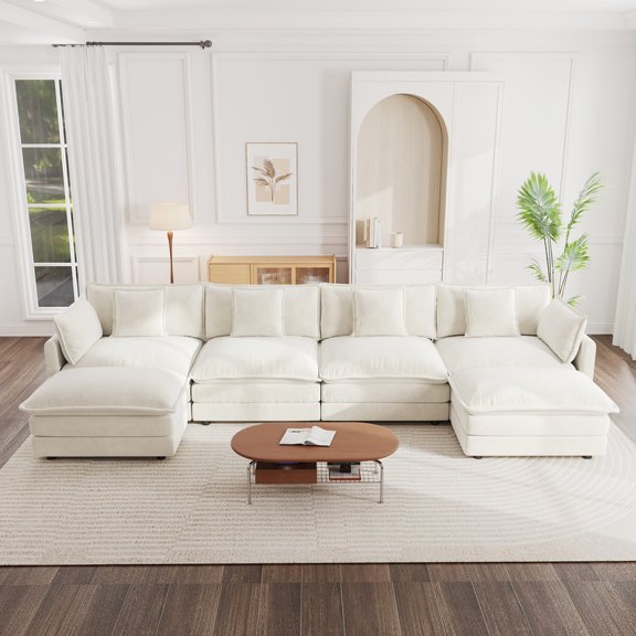 EHANCIS Modular Large U-Shape Sectional Sofa with Double Extra Ottomans, White Chenille U Shaped Couch with Reversible Chaise, Comfy Oversized Extra Deep Seat Cloud Couch for Living Room