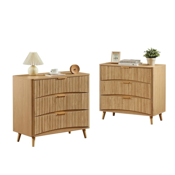 EHANCIS Oak Mid Century Modern Nightstand, 3 Drawer Fluted Wooden Bedside Table with Metal Handles, Storage Side Cabinet for Bedroom Living Room Hallway(Set of 2)