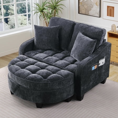 EHANCIS Oversized Chair and a Half, Chenille Tufted Reading Sofa Chair with Storage Ottoman,Adjustable Back Loveseat Chaise Lounge for Living Room,Office,Sunroom,Black