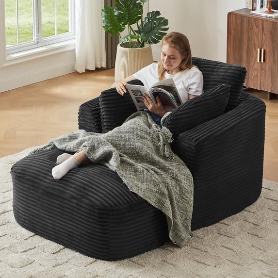 EHANCIS Oversized Corduroy Chaise Lounge Chair,Comfortable Boneless Sleeper Sofa,Couch with 2 Pillows for Living Room,Apartment & Reading Nook,Black