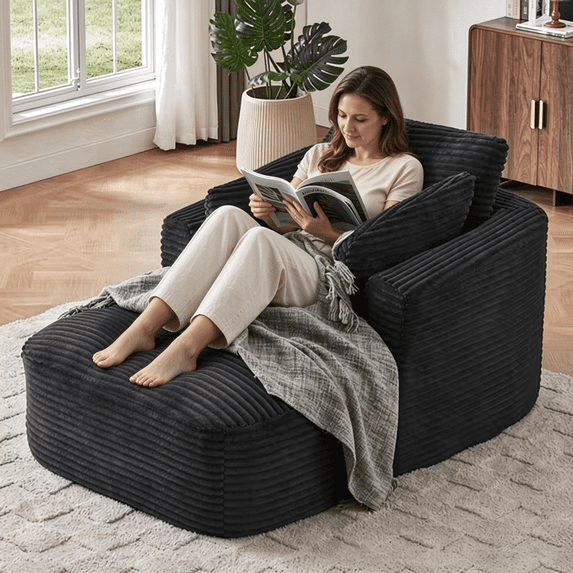 EHANCIS Oversized Corduroy Chaise Lounge Chair,Comfortable Boneless Sleeper Sofa,Couch with 2 Pillows for Living Room,Apartment & Reading Nook,Black