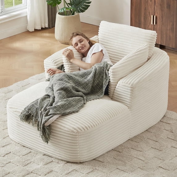 EHANCIS Oversized Corduroy Chaise Lounge Chair,Comfortable Boneless Sleeper Sofa,Couch with 2 Pillows for Living Room,Apartment & Reading Nook,White