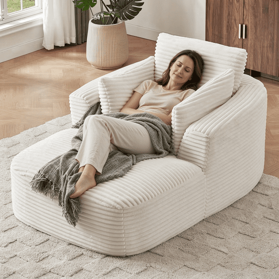 EHANCIS Oversized Corduroy Chaise Lounge Chair,Comfortable Boneless Sleeper Sofa,Couch with 2 Pillows for Living Room,Apartment & Reading Nook,White