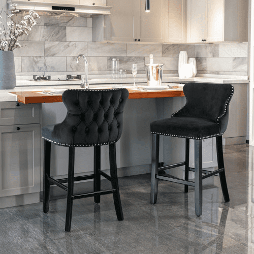 EHANCIS Set of 2 Counter Height Bar Stools, Modern Velvet Upholstered Counter Chair with Backrests, Home Kitchen Island Leisure Chairs with Solid Wood Legs(Black )