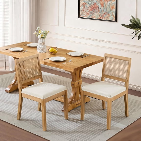 EHANCIS Set of 2 French Vintage Dining Chairs, Solid Wood Frame, Lattice Rattan Backrest with Soft Fabric Cushion, Farmhouse Chair for Living Room,Restaurant, Bistro & Cafe,Beige