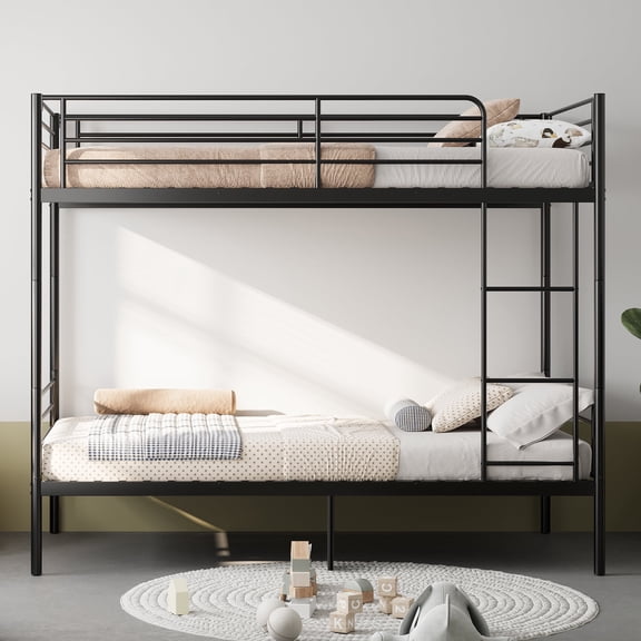 EHANCIS Twin Over Twin Metal Bunk Bed with Side Ladder, Full Safety Guardrail, Heavy Duty Steel Slats & Under-Bed Storage, Low Profile Frame for Bedroom,Black