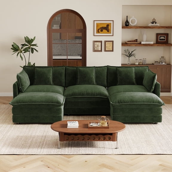 EHANCIS U Shaped Sectional Couch with 2 Ottomans, Modular 3 Seater Sofa, 5 Pillows, Large Size Deep Seat Couch, Premium Emerald Green Chenille Sofa, Comfy Couch for Living Room & Family Movie Nights