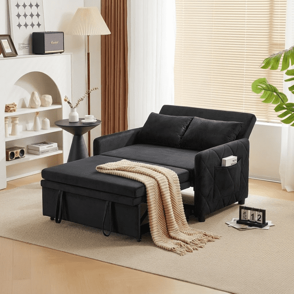 EHANCIS Velvet Pull Out Loveseat Bed, 3-in-1 Sleeper Sofa for Small Spaces, Convertible Couch with 5-Level Adjustable Backrest & Side Pocket, Black