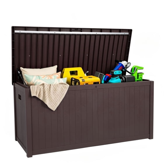 EHHLY 120 Gallon Outdoor Storage Box Large, Lockable Outside Storage Containers Waterproof Patio Cushions Deck Boxes, Brown