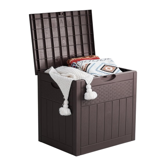 EHHLY 33 Gallon Deck Box, Small Outdoor Storage Box Waterproof, Lockable Secure Package Bin Delivery Box for Outside Front Porch, Patio Cushions Storage Box, Brown